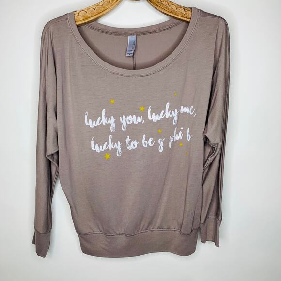 Bella Taupe Long Sleeve Graphic T Shirt Lucky you Lucky me Gphi B - Picture 1 of 6